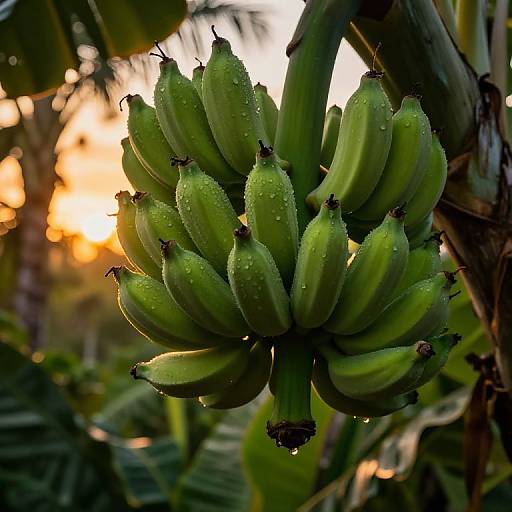 Photograph of a vibrant green banana cluster with droplets of water, set against a blurred tropical sunset background with palm leaves.
