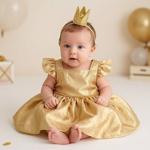 Photograph of a cute baby with light skin, wearing a gold glitter dress and tiny gold crown, sitting on a white surface with blurred gold balloons in