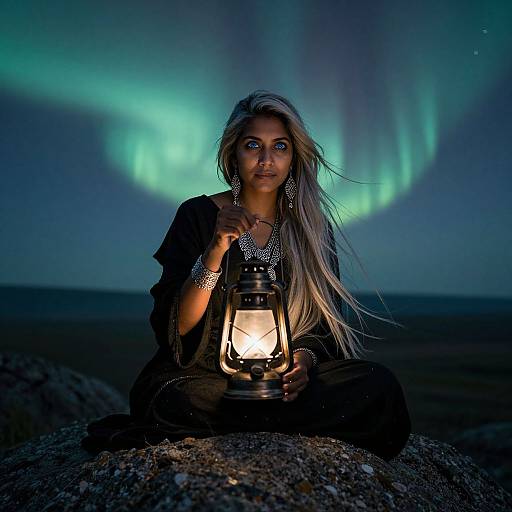 Photograph of a blonde woman with blue eyes, wearing a black outfit and silver jewelry, sitting on a rock, holding a lantern, under vibrant green