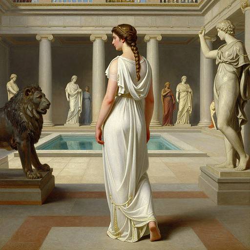 Classical painting: Fair-skinned woman in white Greek dress, braided hair, stands in grand marble hall with statues, columns, and pool.