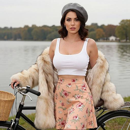 Photograph of a brunette woman with wavy hair, wearing a gray beret, white crop top, floral skirt, and fur coat, standing by
