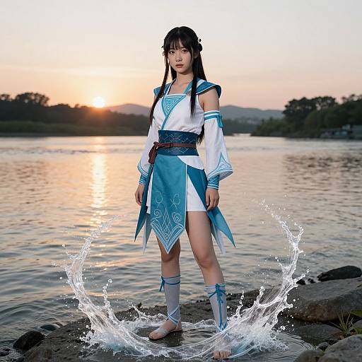 Asian woman in blue and white cosplay dress splashing water at sunset, standing on rocky shore, with trees in background. Photographic image.