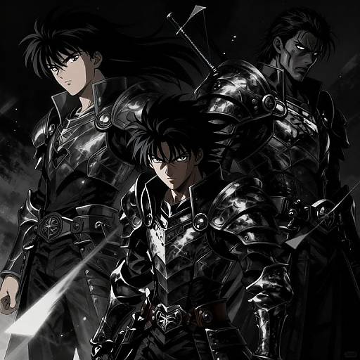 Digital anime artwork of three serious, black-haired men in shiny, dark armor with glowing swords, standing closely against a dark background.