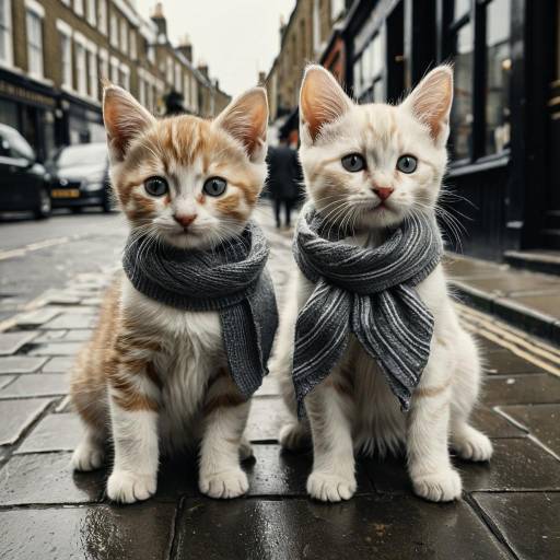 Two Adorable Kittens in Scarves on London Street