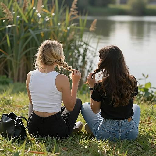 Two Young Women Braiding Hair by Pond