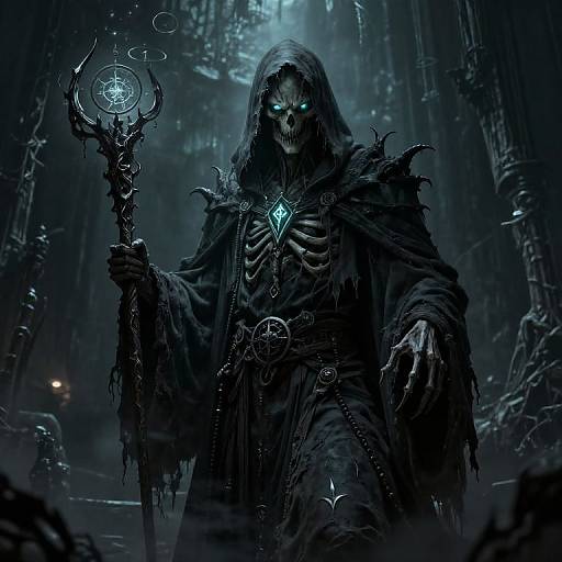 Digital art of a skeletal, hooded figure with glowing blue eyes, holding a mystical staff, in a dark, gothic cathedral.