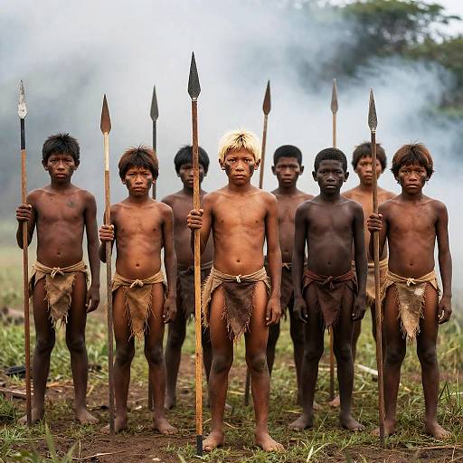 Indigenous Boys in Grassy Smoky Landscape