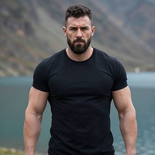 Muscular Bearded Man in Rugged Landscape