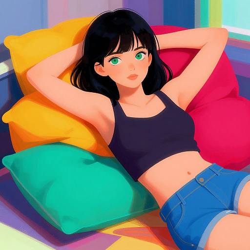 Digital anime-style illustration of a black-haired, green-eyed woman with a slim build, wearing a black crop top and blue shorts, lounging on colorful