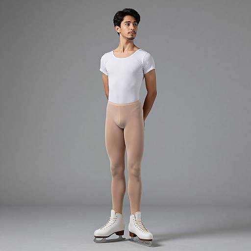 Photograph of a young, slender man with short dark hair, wearing a white t-shirt, beige tights, and white ice skates, standing