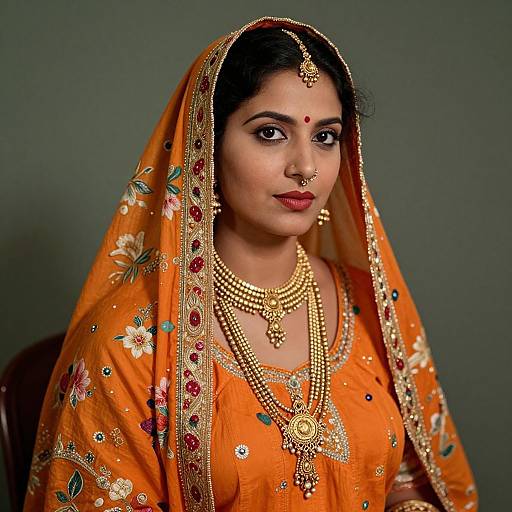 Photograph of a South Asian woman in an orange traditional wedding saree with gold embroidery, wearing elaborate gold jewelry and a nose ring, against a plain