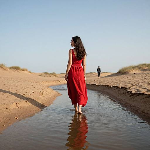 Photograph of a woman in a flowing red dress walking barefoot through a sandy creek, with a clear blue sky and distant figure in the background.