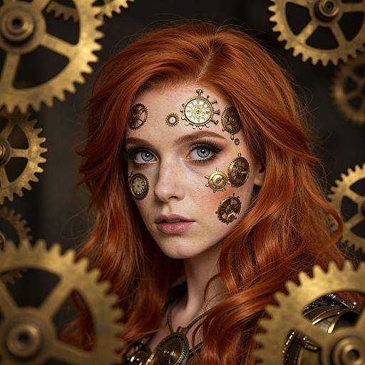 Digital artwork of a pale-skinned, red-haired woman with blue eyes, wearing gold mechanical gears on her face, surrounded by large gold gears, creating