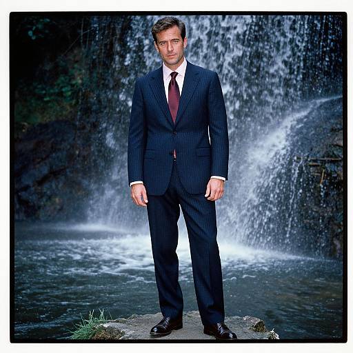 Photograph of a serious, handsome man in a dark blue pinstripe suit, white shirt, and maroon tie, standing in front of a