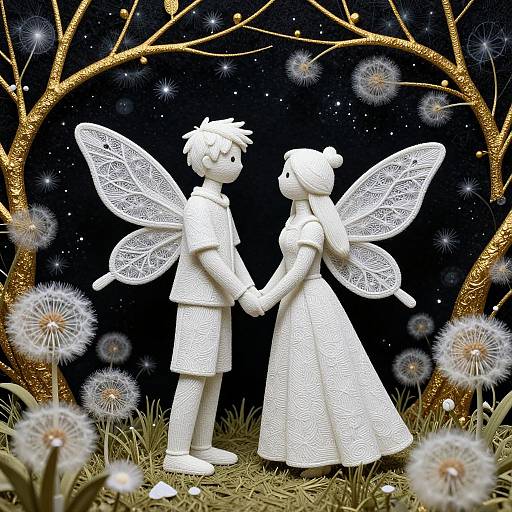 Photograph of white, lace-winged doll couple holding hands under a starry night sky, surrounded by dandelions and gold-accented trees