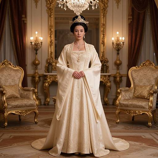 Photograph of an elegant Asian woman in a golden, ornate, floor-length gown with long sleeves, wearing a tiara, standing in a luxurious
