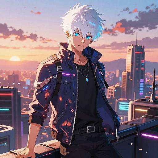 Anime-style digital artwork of a white-haired, blue-eyed young man in a black leather jacket, standing on a city rooftop at sunset with neon-lit