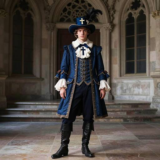 Photograph of a young man in 18th-century pirate attire, standing in a Gothic-style stone hall with arched windows. He wears a navy