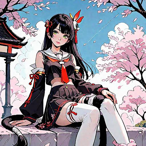 Anime-style digital drawing of a black-haired girl in a sailor uniform with red tie, white thigh-high socks, and red hair ornament, sitting on a