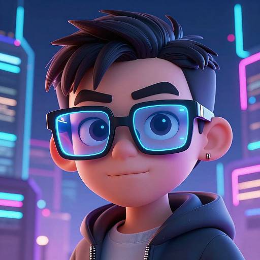 CGI portrait of a young, anime-style boy with black spiky hair, large blue-accented glasses, and a smirk. He wears a