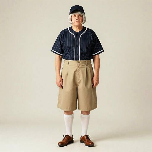 Stocky Silver-Bobbed Man in Baseball Skirt
