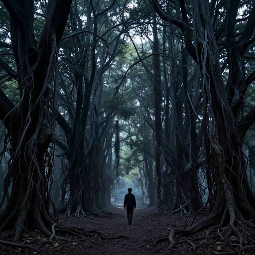 Solitary Figure Walking Through Haunting Forest