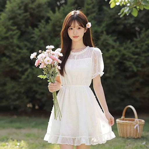 Photograph of an East Asian woman with long brown hair, wearing a white, short-sleeved, lace-trimmed dress, holding pink flowers