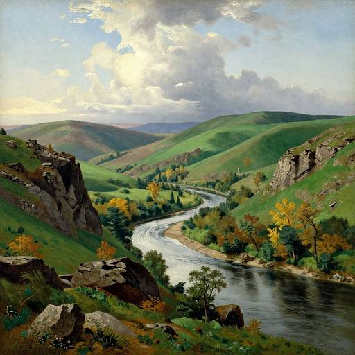 Vibrant landscape painting of a winding river through green hills, rocky cliffs, and autumn trees under a partly cloudy sky.