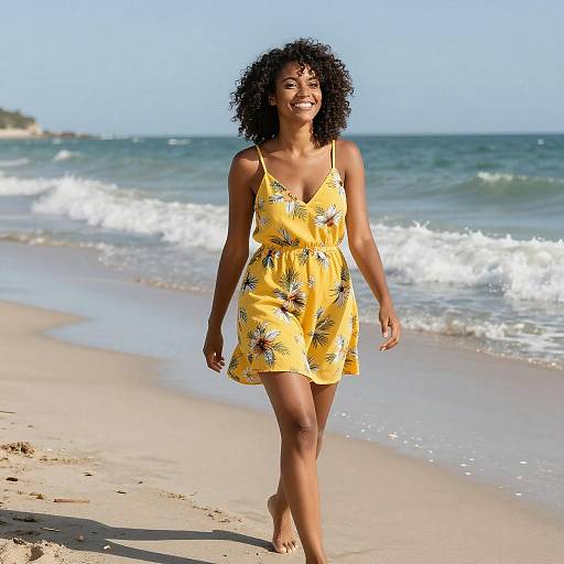 African American Woman Walking on Beach in Yellow Dress