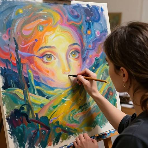 Photograph of an artist with dark hair painting a vibrant, abstract portrait of a face with swirling, colorful eyes on canvas.