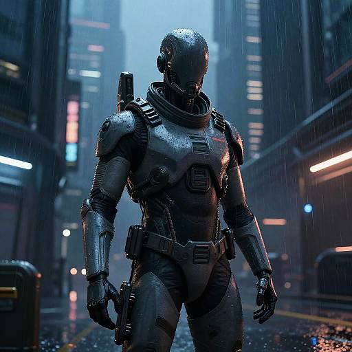 Cybernetic soldier in dark, rain-soaked futuristic city street, illuminated by neon lights. Blue-tinted, detailed CGI, sci-fi