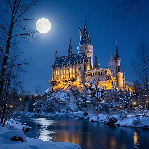 Photograph of a snow-covered, illuminated castle under a full moon, reflecting in a frozen river at night, surrounded by bare trees.