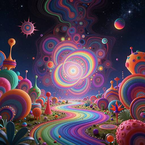 Vibrant digital artwork of a surreal, psychedelic landscape with swirling rainbow colors, glowing orbs, and abstract structures under a starry night sky.