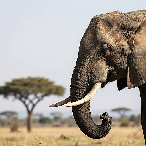 Photograph of a large African elephant with long white tusks, curled trunk, and textured gray skin, set against a blurred savanna with a single
