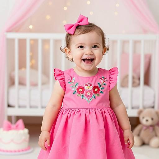 Photograph of a smiling baby girl in a pink floral dress with puffed sleeves, pink bow in hair, standing in a bright, decorated nursery with