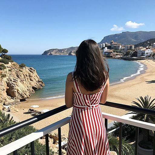 Photograph of a woman with long black hair in a red and white striped dress, standing on a balcony, facing a sunny beach with clear blue water