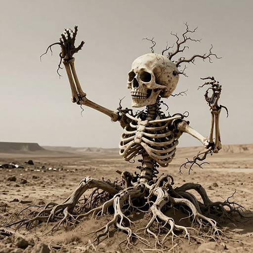 Photograph of a skeletal figure with twisted, leafless branches emerging from its limbs, sitting in a barren desert landscape.