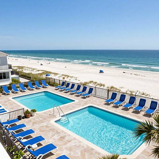 Photograph of a sunny beachfront resort with two blue-tiled swimming pools, surrounded by blue lounge chairs, and overlooking a white sandy beach and calm