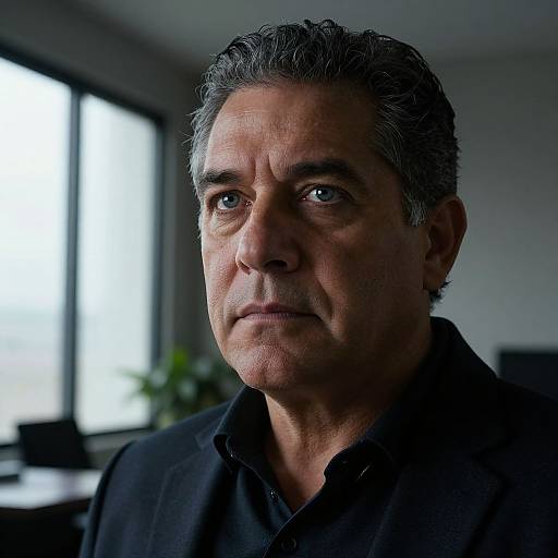 Photograph of middle-aged man with gray hair, serious expression, wearing black shirt, indoors, soft natural light from window background.