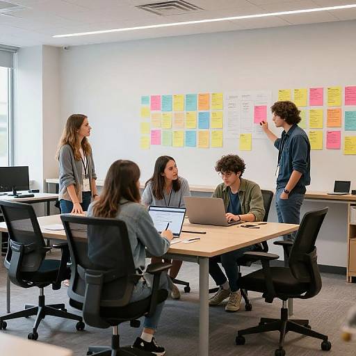 Photograph of a modern office meeting with four young adults, three women and one man, discussing colorful sticky notes on a whiteboard, seated around a
