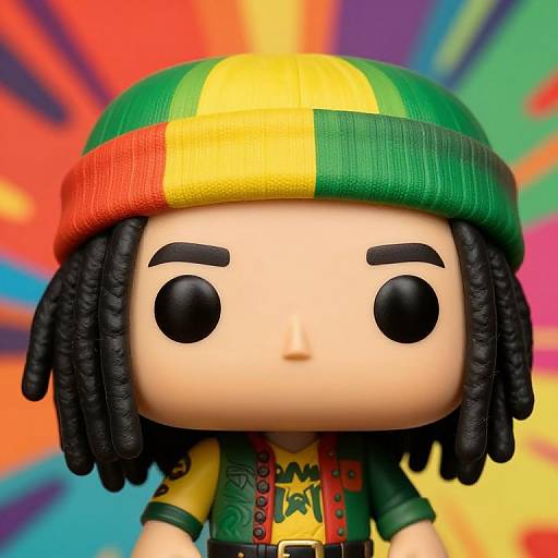 Photograph of a plastic toy figure with black dreadlocks, a green-yellow-red beanie, and a colorful background with vibrant rays.