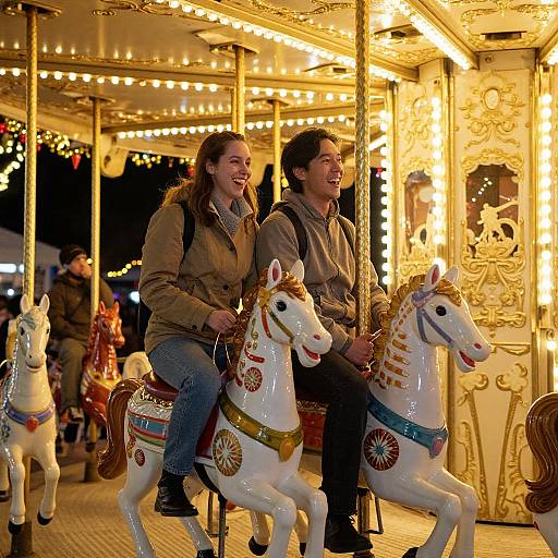 Photograph of two smiling women riding colorful, ornate carousel horses at night, illuminated by warm, glowing lights. Festive, joyful atmosphere.