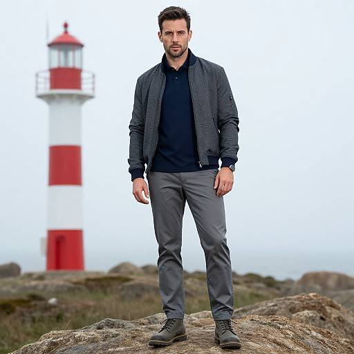 Photograph of a handsome man with dark hair and beard, wearing a black jacket and gray pants, standing on rocks in front of a red and white
