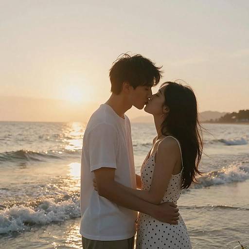 Couple Kissing at Sunset Beach