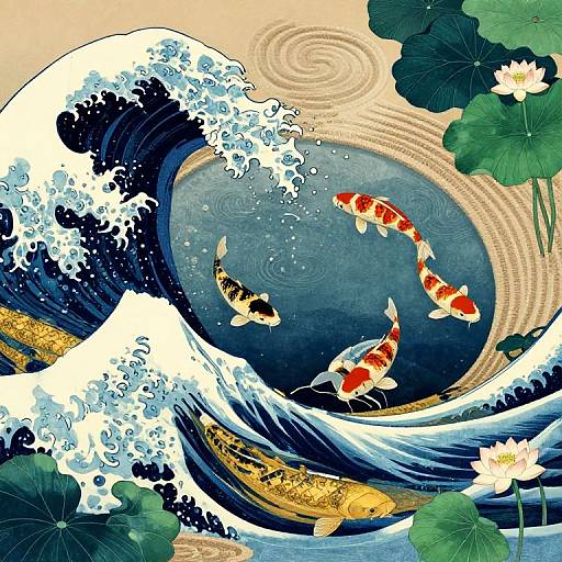 Digital art of koi fish swimming in a serene pond with large blue waves, surrounded by lily pads and water lilies.
