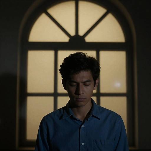 Young Man in Blue Shirt at Window