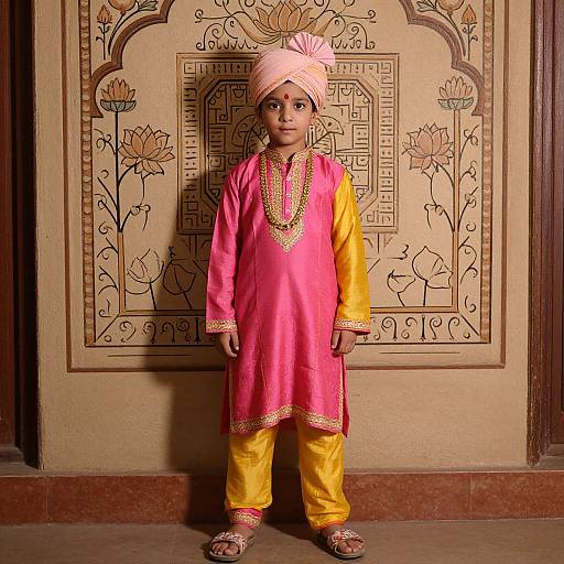 Photograph of a young boy in traditional Indian attire: pink and yellow kurta, white turban, gold embroidery, standing before ornate floral wall