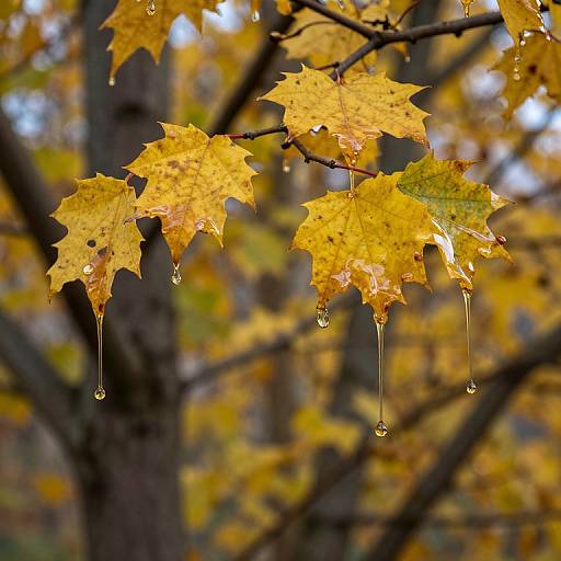 Photograph of bright yellow maple leaves with droplets of water hanging from their edges, set against a blurred autumn forest background.
