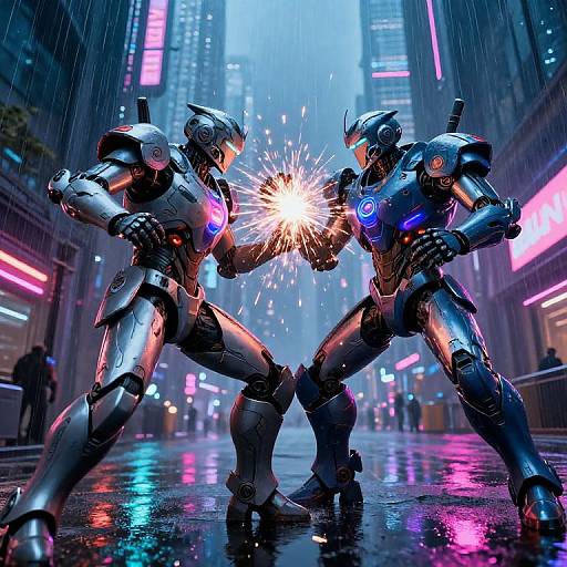 CGI image of two glowing, metallic robots in a neon-lit, rainy urban street, exchanging a bright, explosive spark in the center.