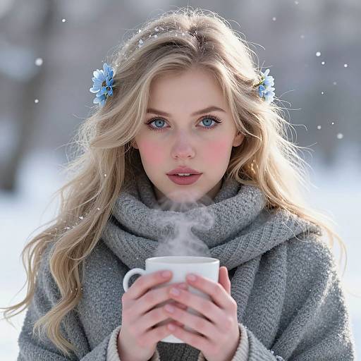 Photograph of a blonde woman with blue eyes, wearing a grey scarf and blue flower hair accessory, holding a steaming white mug in a snowy,